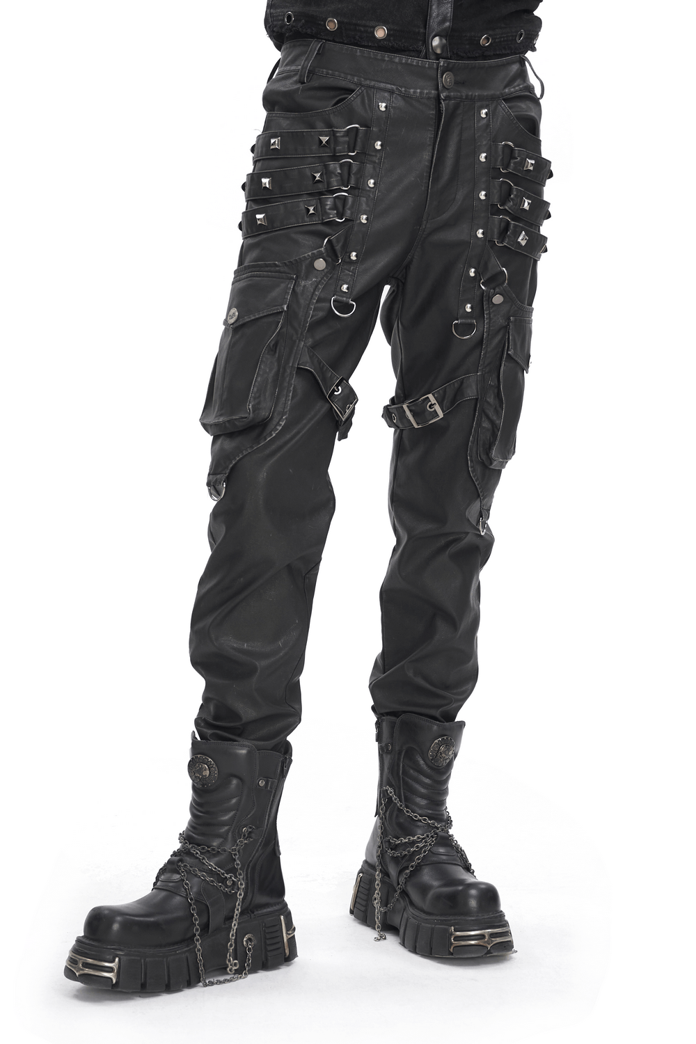 Black gothic leather pants with buckles and straps, perfect for punk fashion enthusiasts.