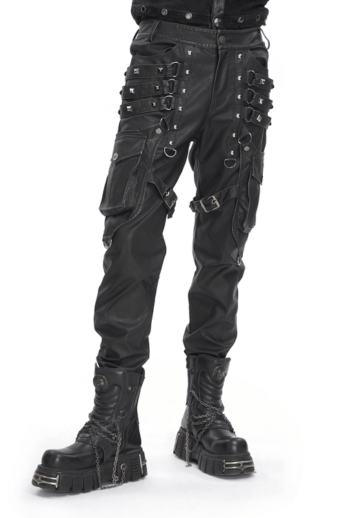 Schwarze Gothic-Lederhose mit Schnallen und Riemen
