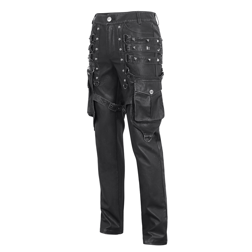Stylish black gothic leather cargo pants with buckles and straps for an edgy punk look.