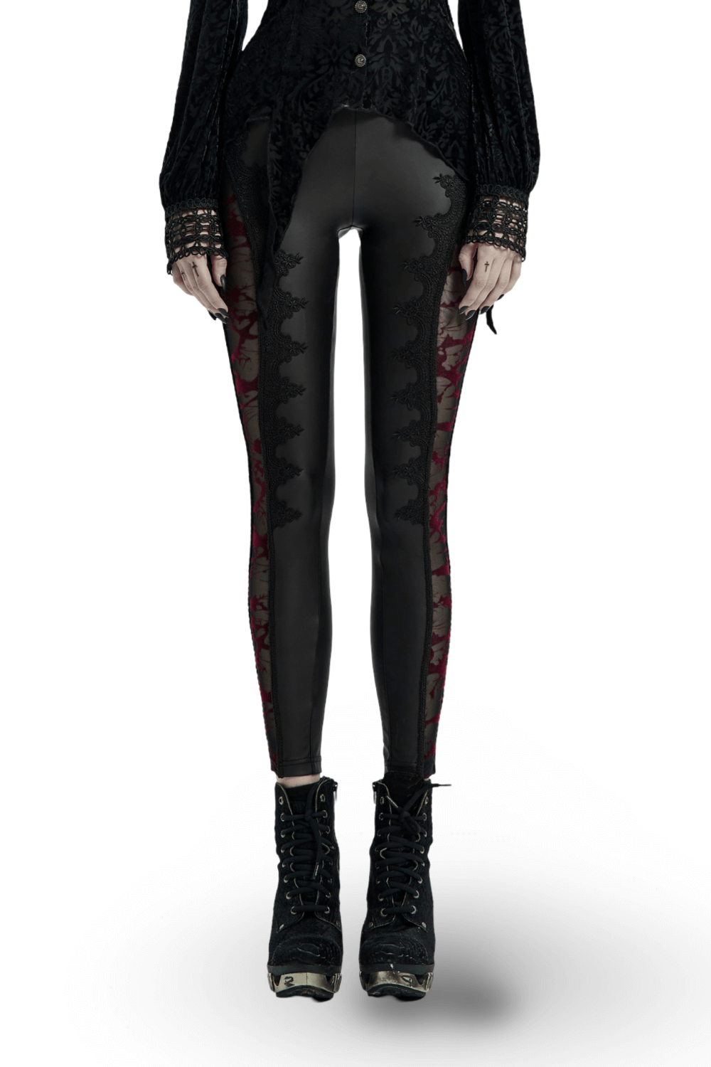 Black Gothic Leggings with Lace Detail and Side Mesh Panels