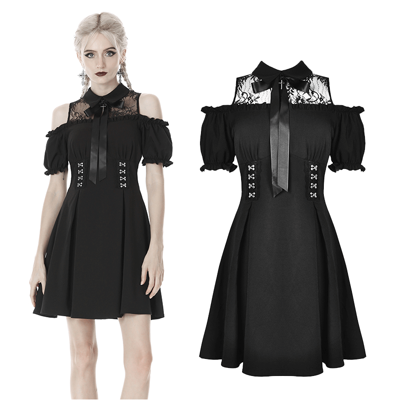 Black Gothic Lolita bow collar dress with off-shoulders, lace details, and puff sleeves for a Victorian-inspired look.