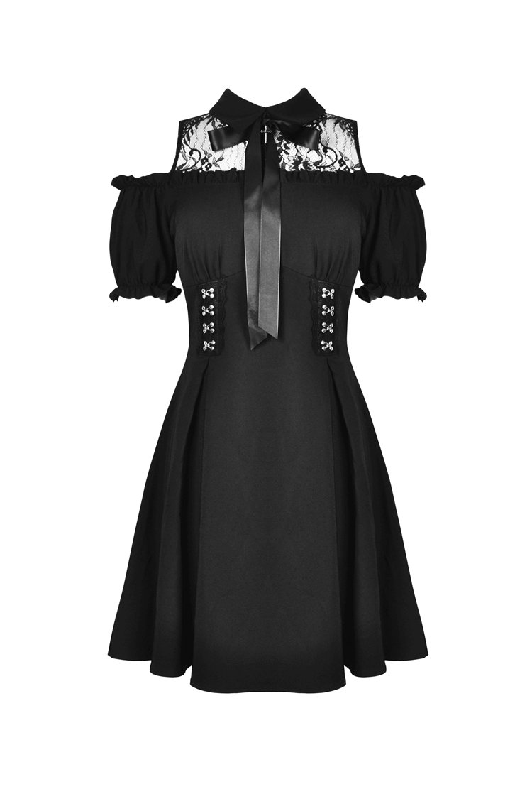 Black Gothic Lolita off-shoulder dress with lace details, Peter Pan collar, and bow accent.