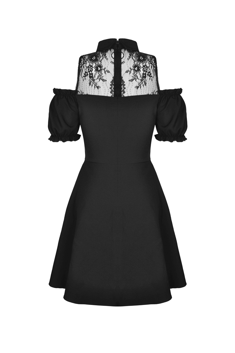 Black Gothic Lolita dress with off-shoulder design, lace collar, and puff sleeves, perfect for a Victorian-inspired look.