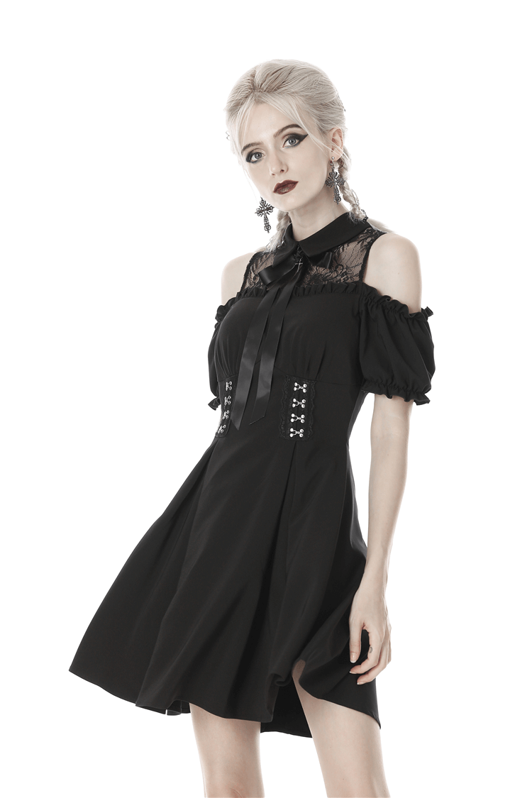 Black Gothic Lolita dress with off-shoulder sleeves, lace details, and bow, radiating Victorian charm.