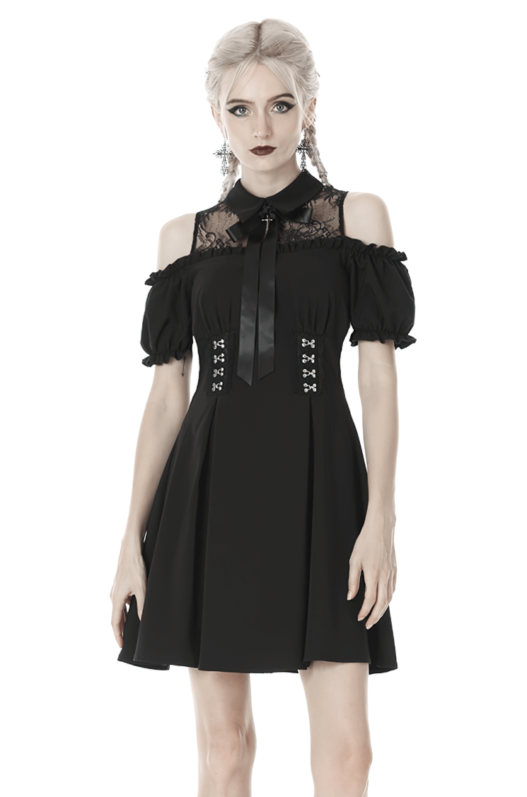 Elegant black gothic lolita dress with off-shoulder design, lace accents, and bow collar for a whimsical Victorian look.