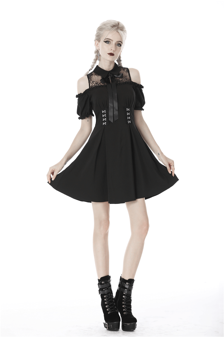 Black Gothic Lolita Bow Collar Dress with Off-Shoulders