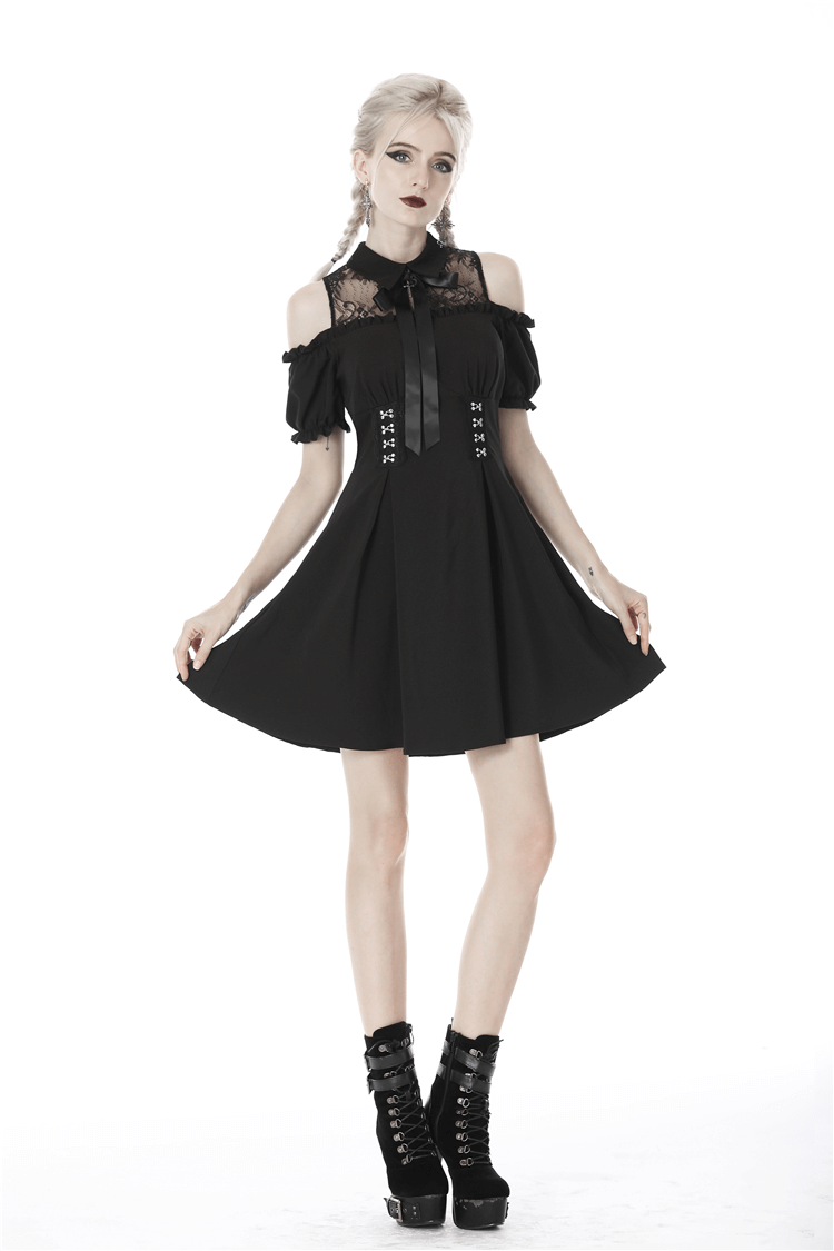 Black Gothic Lolita dress with off-shoulders, lace details, and bow, perfect for a Victorian-inspired look.