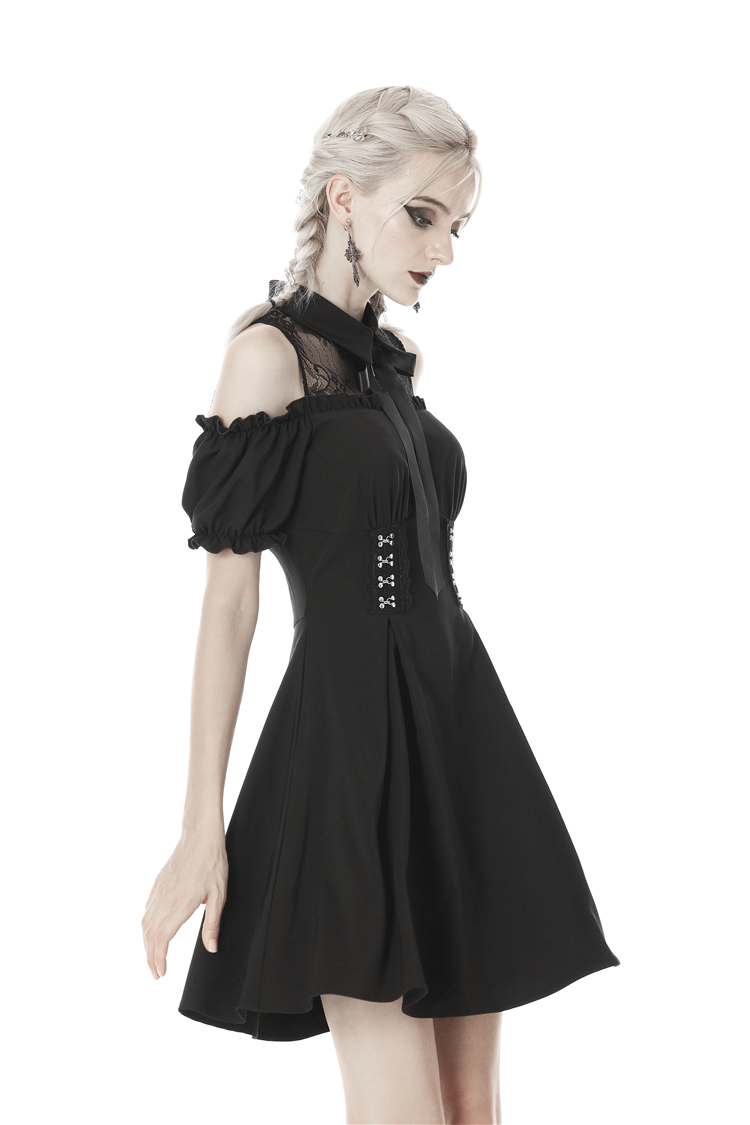 Black gothic lolita dress with off-shoulder sleeves, lace details, and a fitted bodice for a Victorian-inspired look.