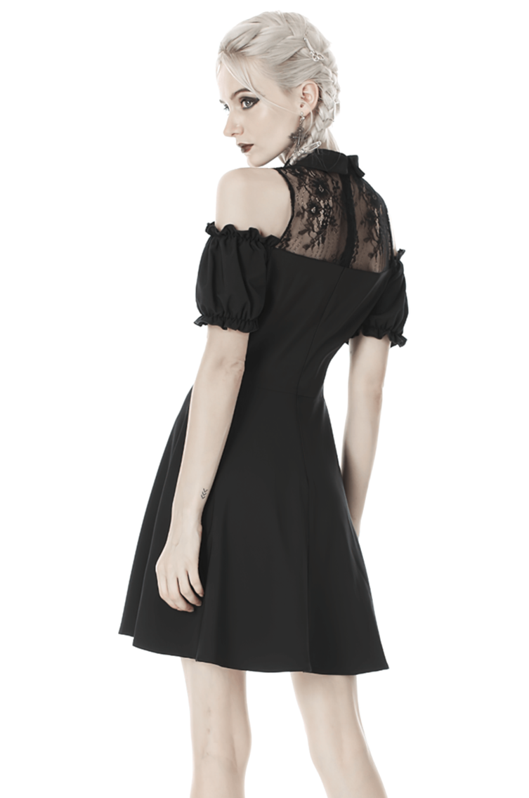 Black Gothic Lolita dress with off-shoulder lace sleeves and bow collar, perfect for Victorian-inspired fashion.