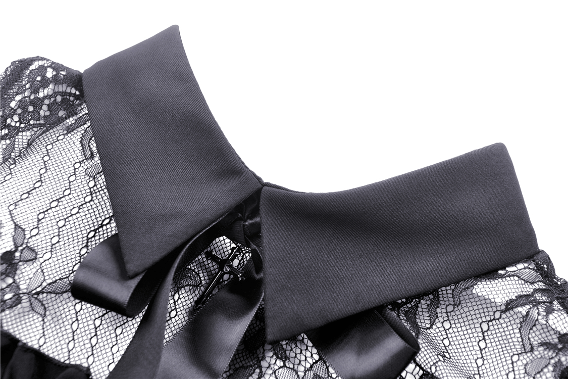 Black lace collar with oversized bow on gothic lolita dress, adding Victorian charm and elegance.