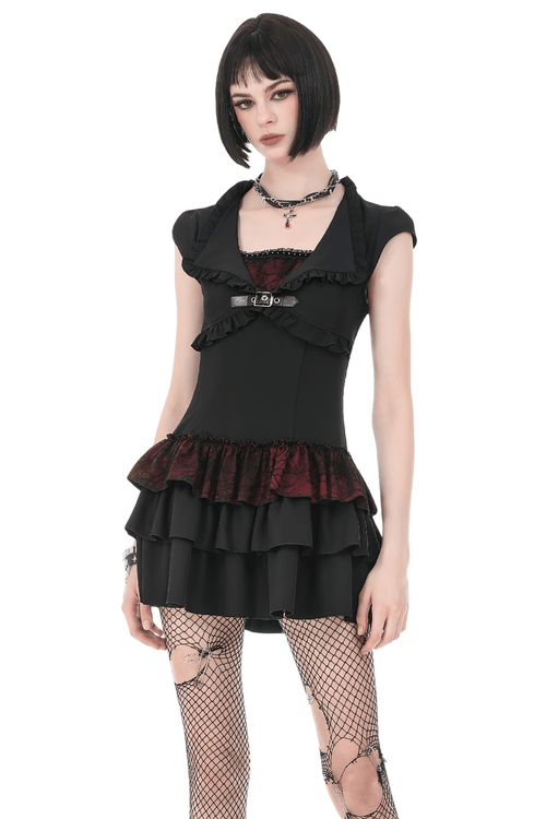 Vestido Mini Negro Gótico Lolita con Capas Volantes