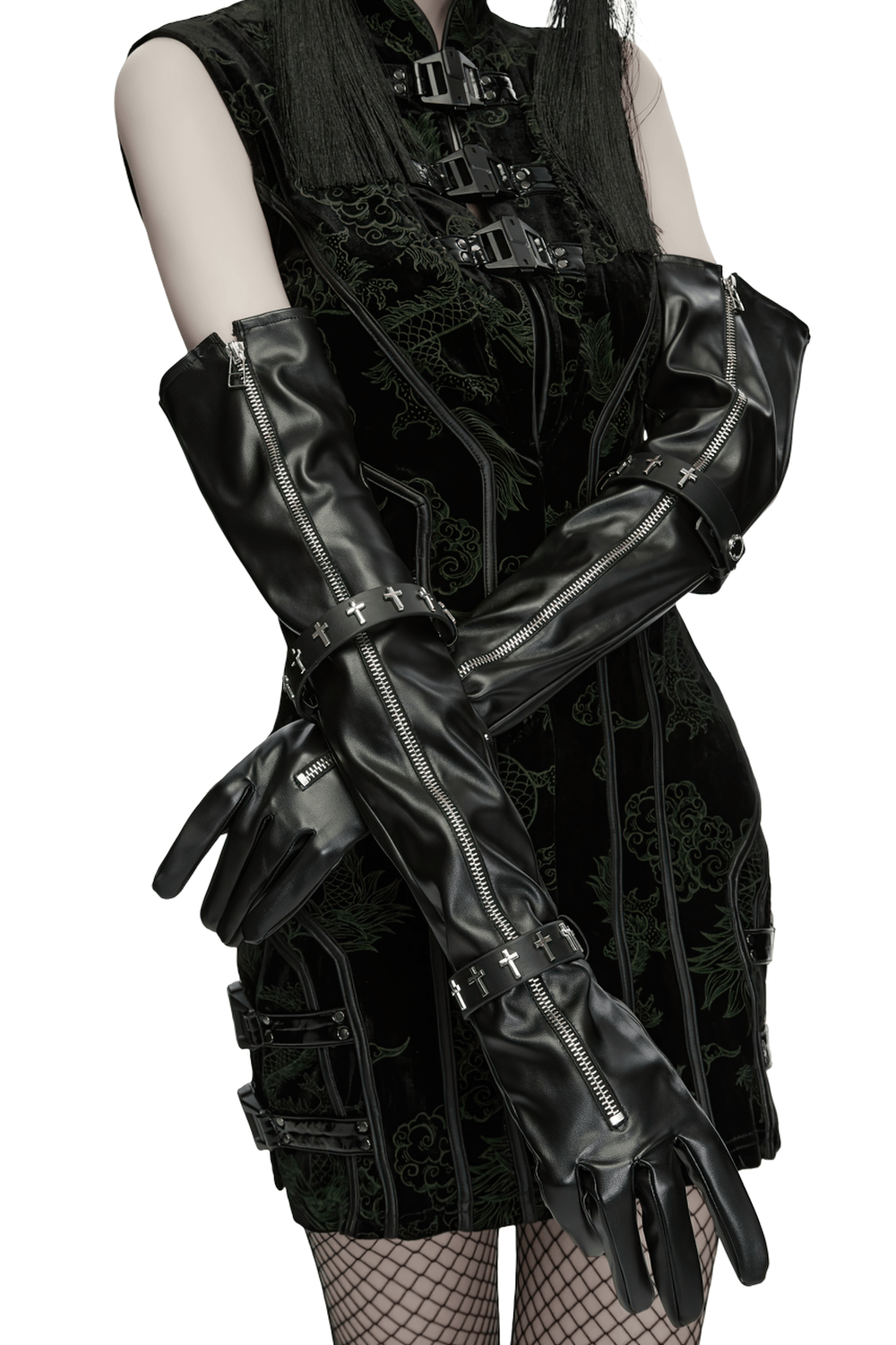 Schwarze lange Gothic-Handschuhe mit Kreuz-Nietenriemen