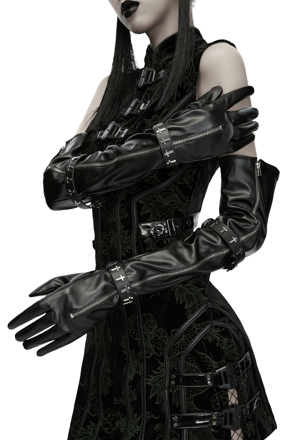 Schwarze lange Gothic-Handschuhe mit Kreuz-Nietenriemen