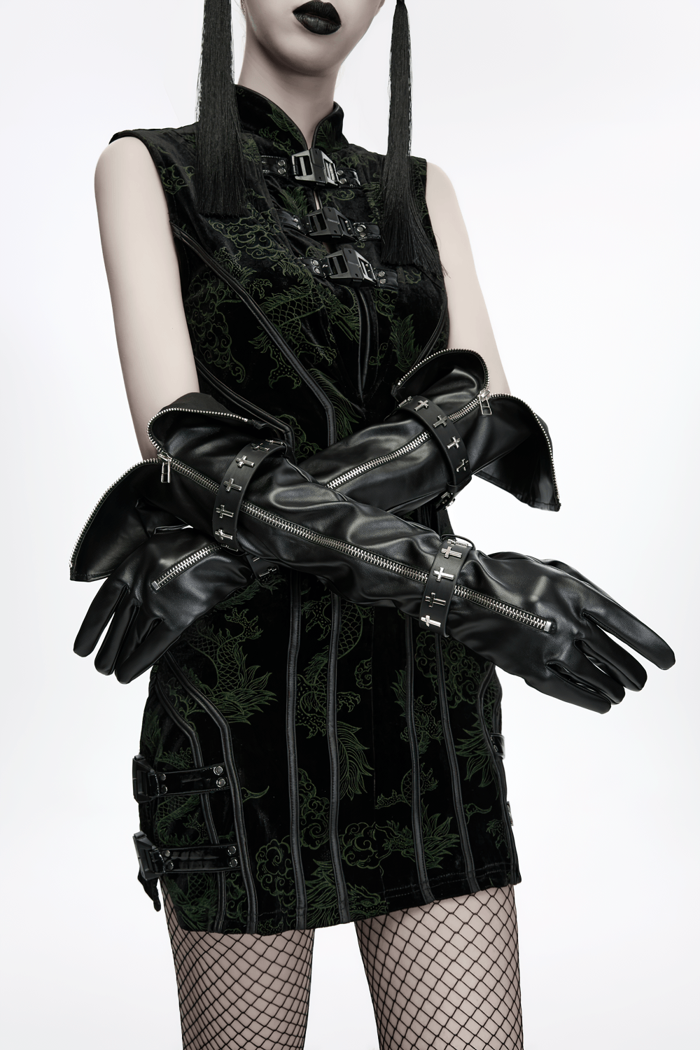 Schwarze lange Gothic-Handschuhe mit Kreuz-Nietenriemen