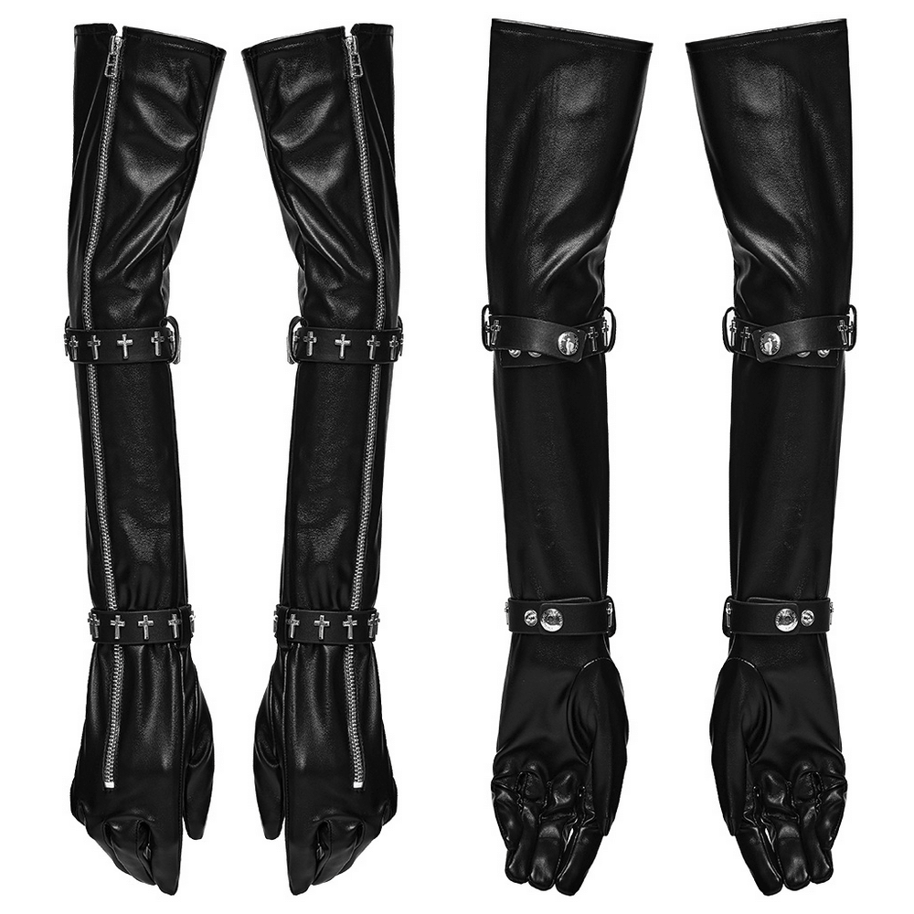 Schwarze lange Gothic-Handschuhe mit Kreuz-Nietenriemen