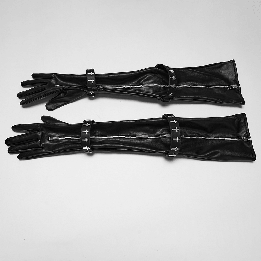 Schwarze lange Gothic-Handschuhe mit Kreuz-Nietenriemen