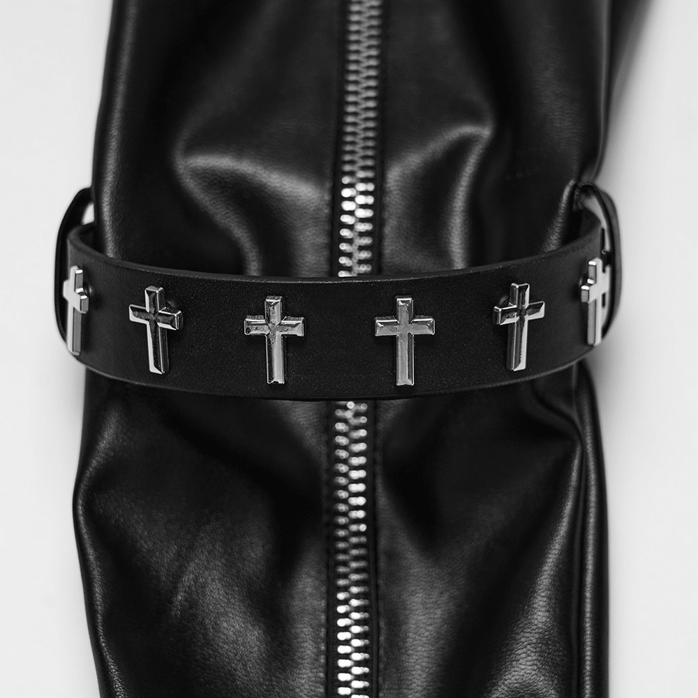Schwarze lange Gothic-Handschuhe mit Kreuz-Nietenriemen