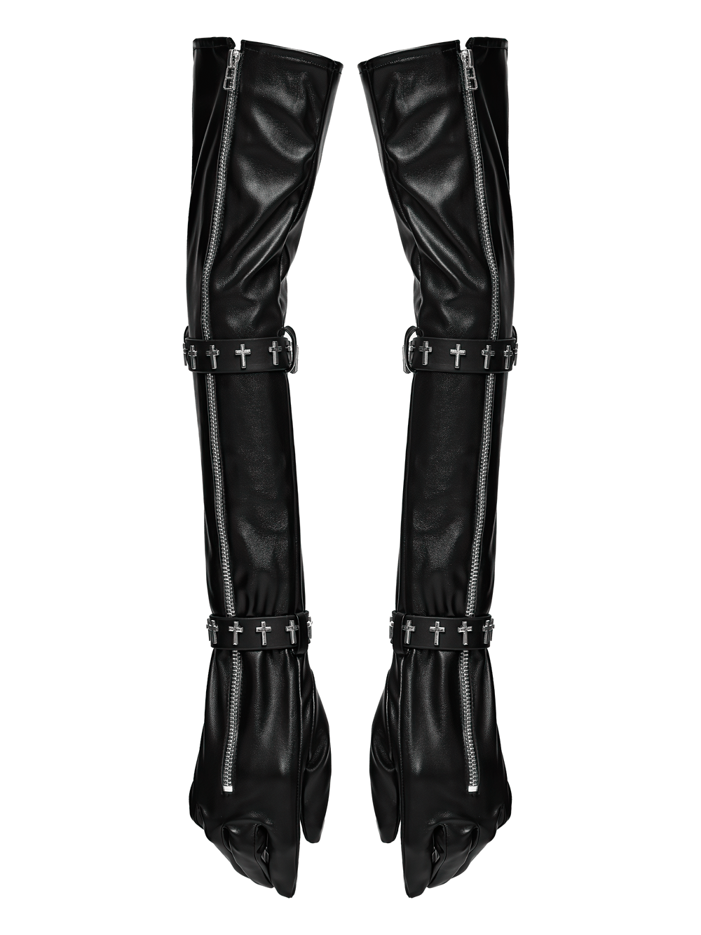 Schwarze lange Gothic-Handschuhe mit Kreuz-Nietenriemen