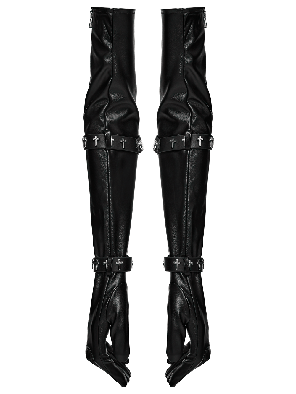 Schwarze lange Gothic-Handschuhe mit Kreuz-Nietenriemen