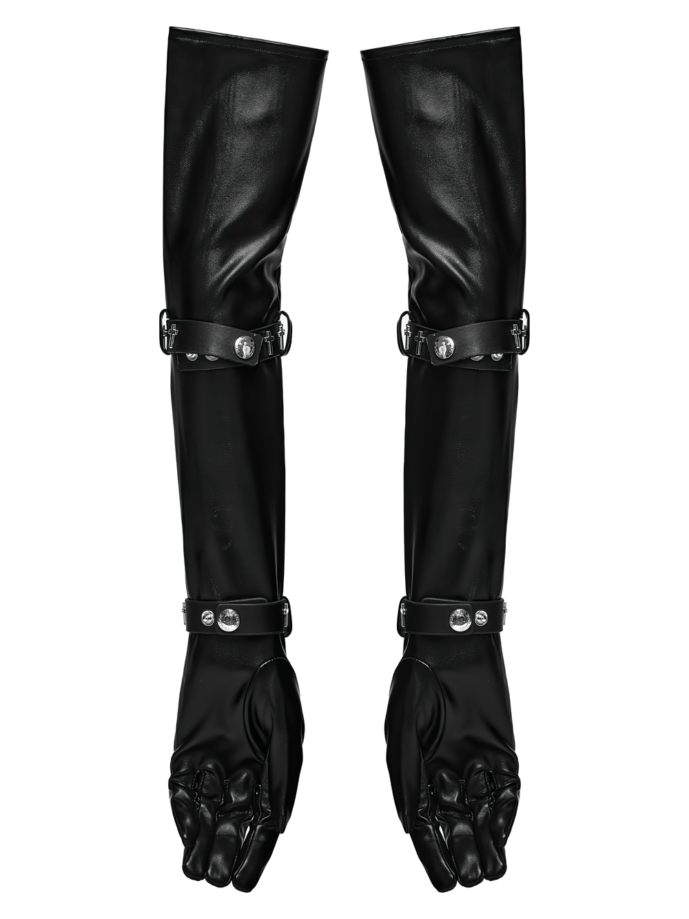 Schwarze lange Gothic-Handschuhe mit Kreuz-Nietenriemen