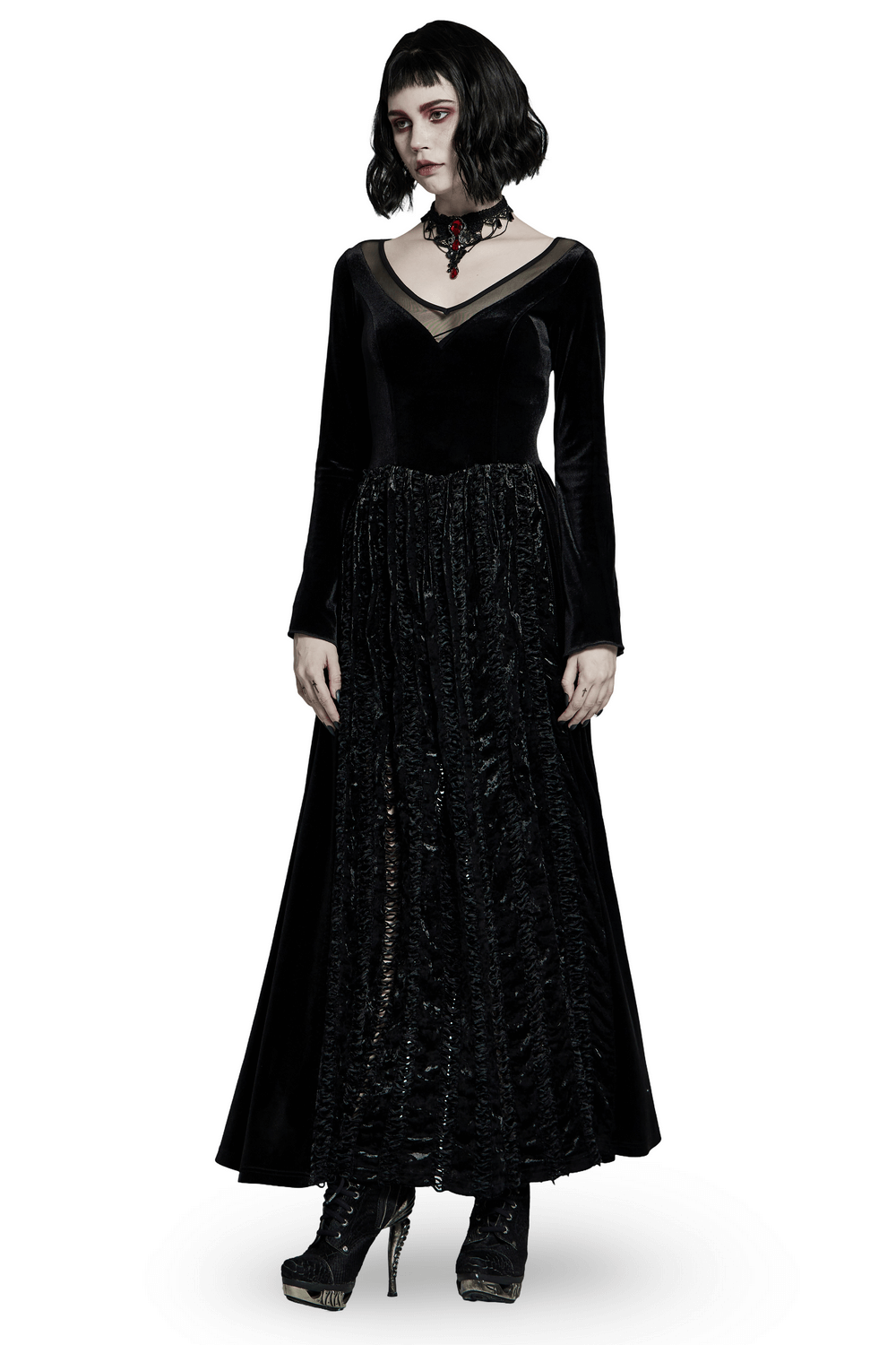 Black Gothic Long Sleeved Lace Up Velvet Dress