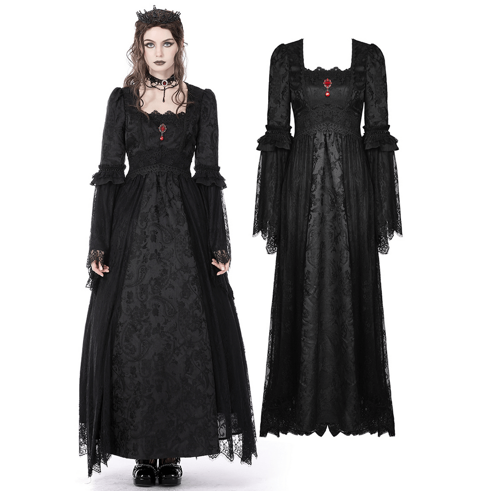 Victorian gothic black lace maxi dress with long sleeves and red brooch, perfect for elegant occasions.