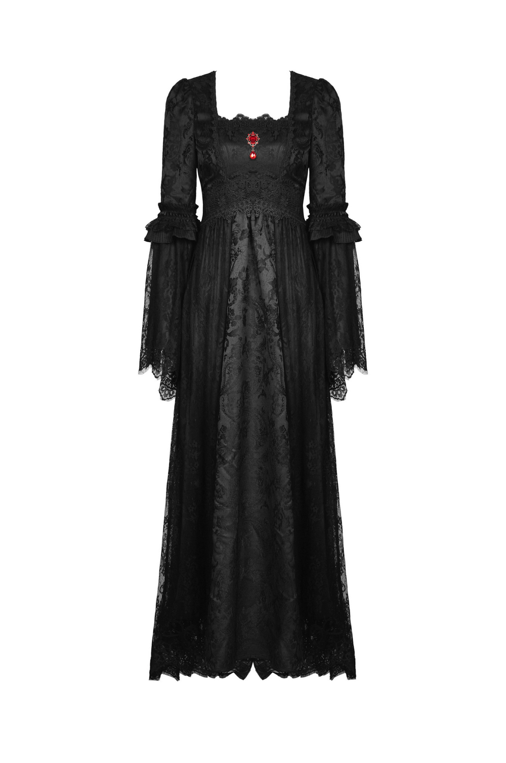 Black Gothic Long Sleeves Lace Maxi Dress with Red Brooch