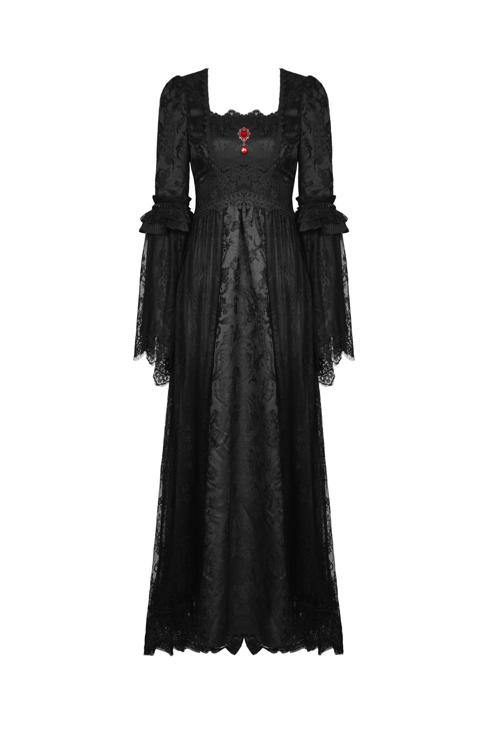 Black gothic long sleeve lace maxi dress featuring a striking red brooch, perfect for elegant occasions.