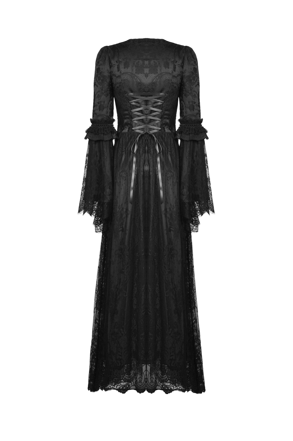 Back view of black gothic long sleeve lace maxi dress featuring ornate lace detailing and flowing sleeves.