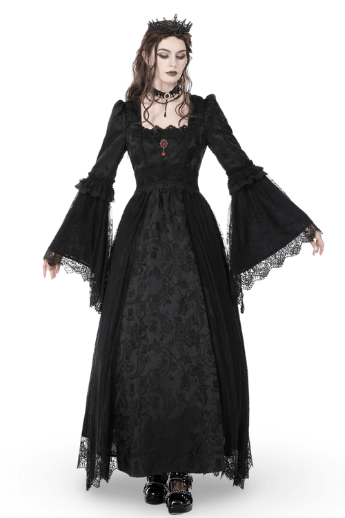 Robe longue gothique noire en dentelle à manches longues avec broche rouge