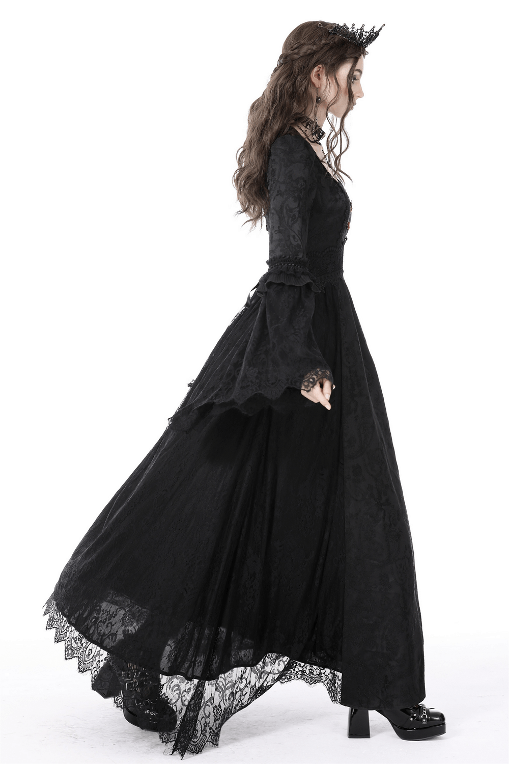 Elegant black Gothic lace maxi dress with long sleeves and lace detail, styled for a dramatic silhouette.