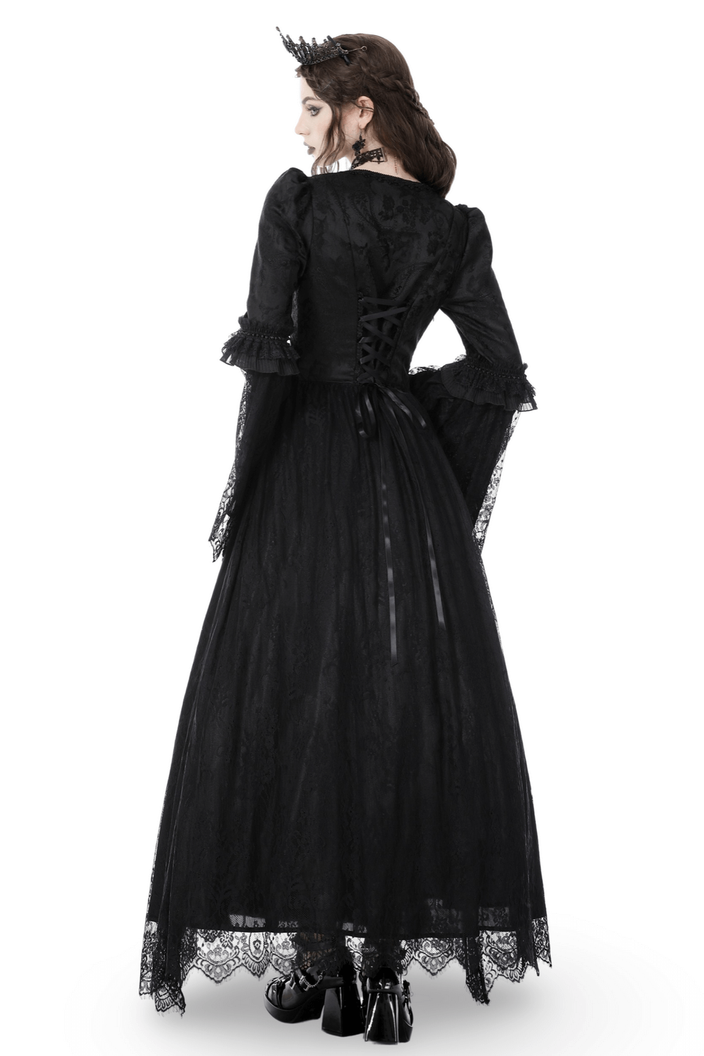 Black gothic lace maxi dress with long sleeves and intricate detailing, featuring a romantic back silhouette.