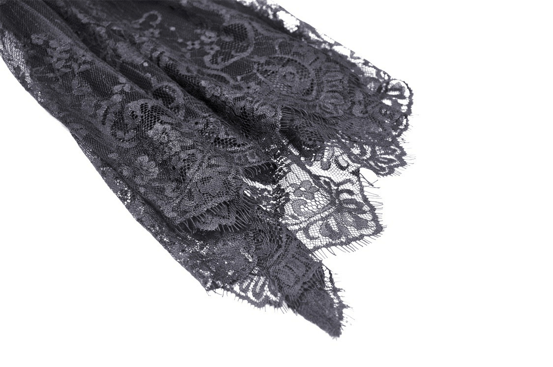 Close-up of intricate black lace fabric showcasing delicate floral patterns.