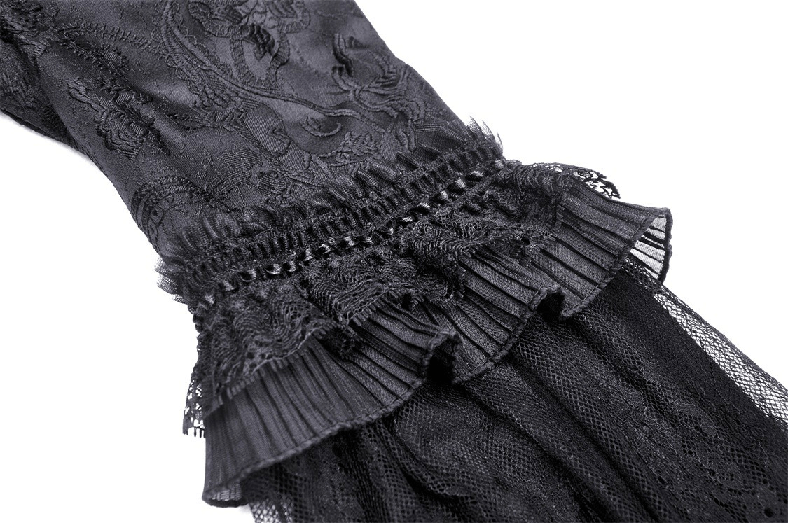 Intricate black lace detail featuring pleats and ruffles for a gothic Victorian maxi dress.