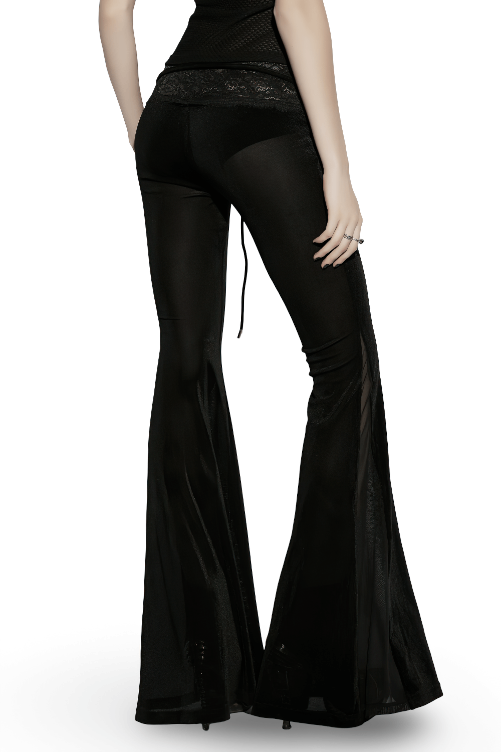 Alt Tag: Black Gothic Low Waist Flared Pants with Lace Waist, sheer mesh side panels and bell-leg flare—dark, dramatic, ready to slay
