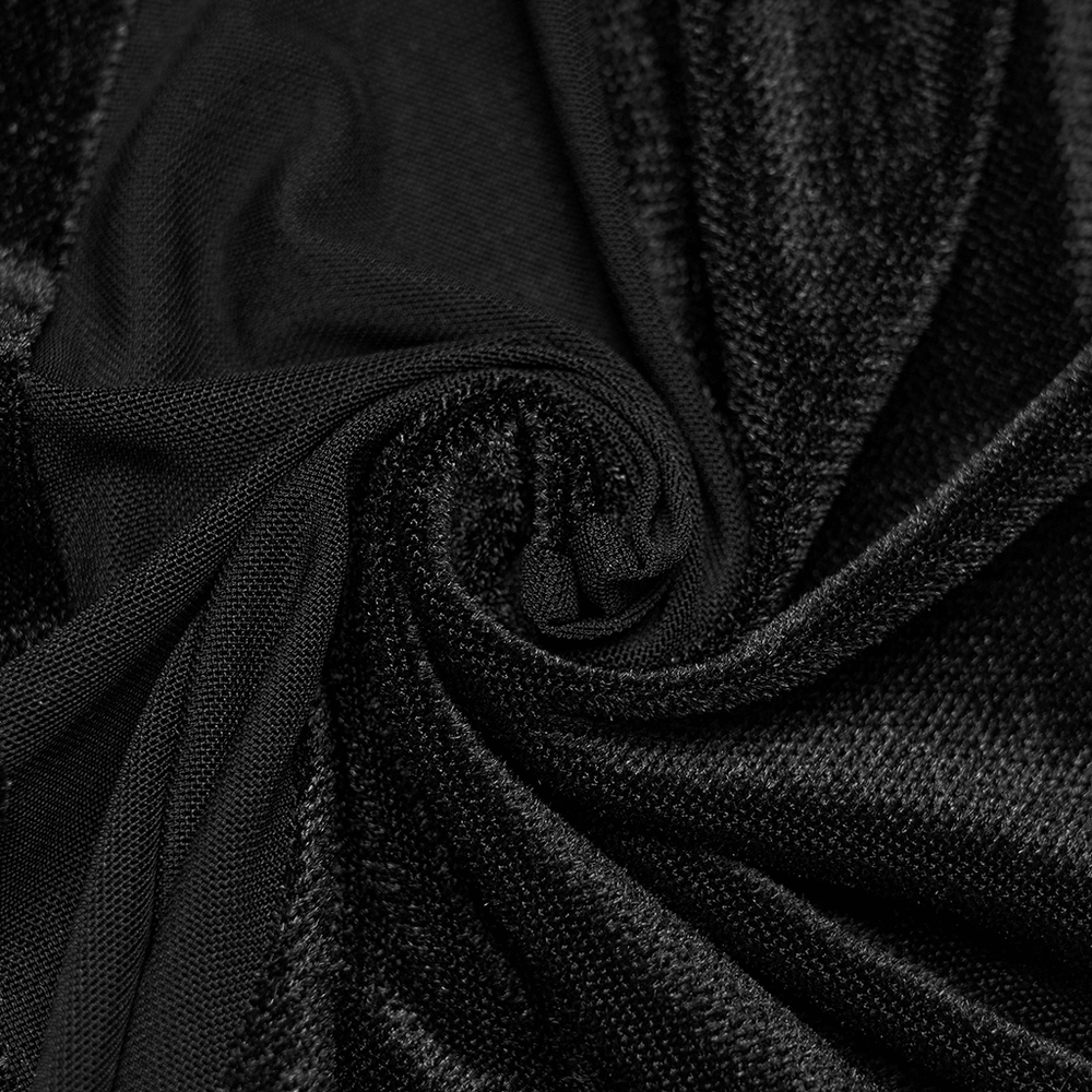 Alt Tag: Black Gothic Low Waist Flared Pants with Lace Waist close-up of black velvet fabric and sheer mesh panel texture swirl
