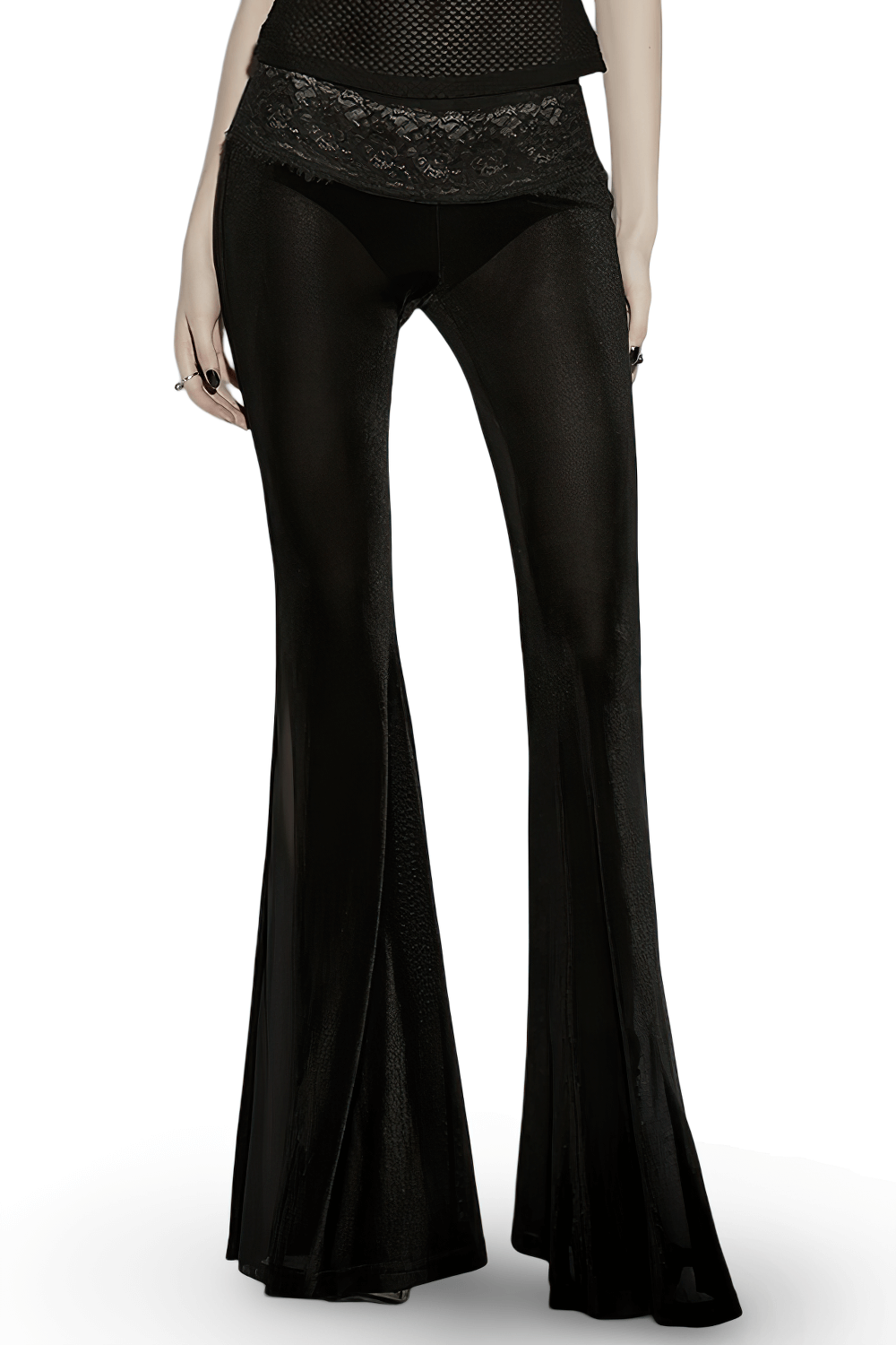 Alt Tag: Black Gothic Low Waist Flared Pants with Lace Waist, sheer mesh side panels and bell-bottom legs in black