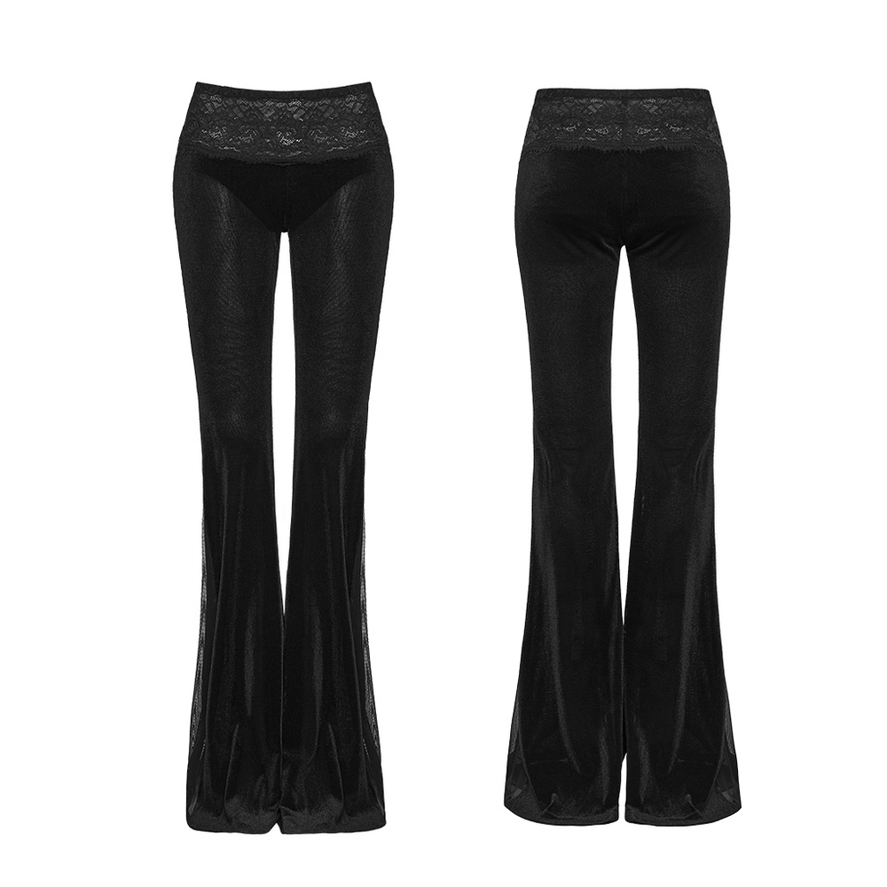 Black Gothic Low Waist Flared Pants with Lace Waist, sheer mesh panel bell-leg goth trousers front and back view