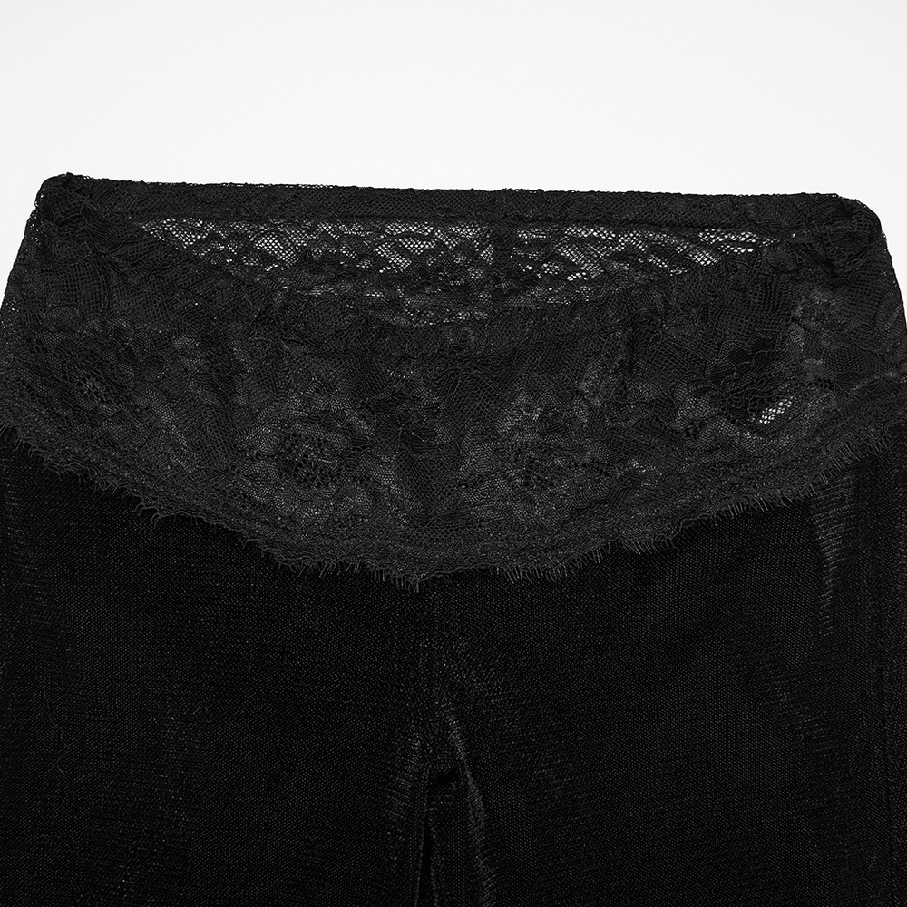 Alt Tag: Black Gothic Low Waist Flared Pants with Lace Waist – close-up of black lace waistband detail on velvet goth pants
