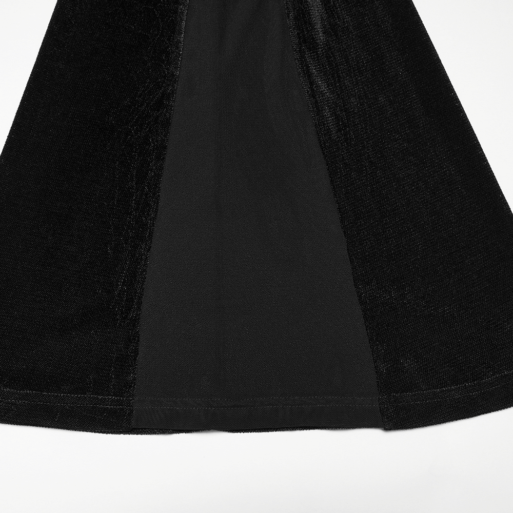Black Gothic Low Waist Flared Pants with Lace Waist close-up of bell-bottom hem and sheer mesh panel in black velvet fabric
