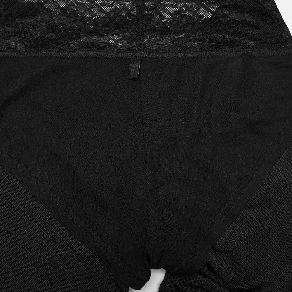 Alt Tag: Black Gothic Low Waist Flared Pants with Lace Waist lace waistband close-up with sheer mesh side panels, sleek goth clubwear vibe