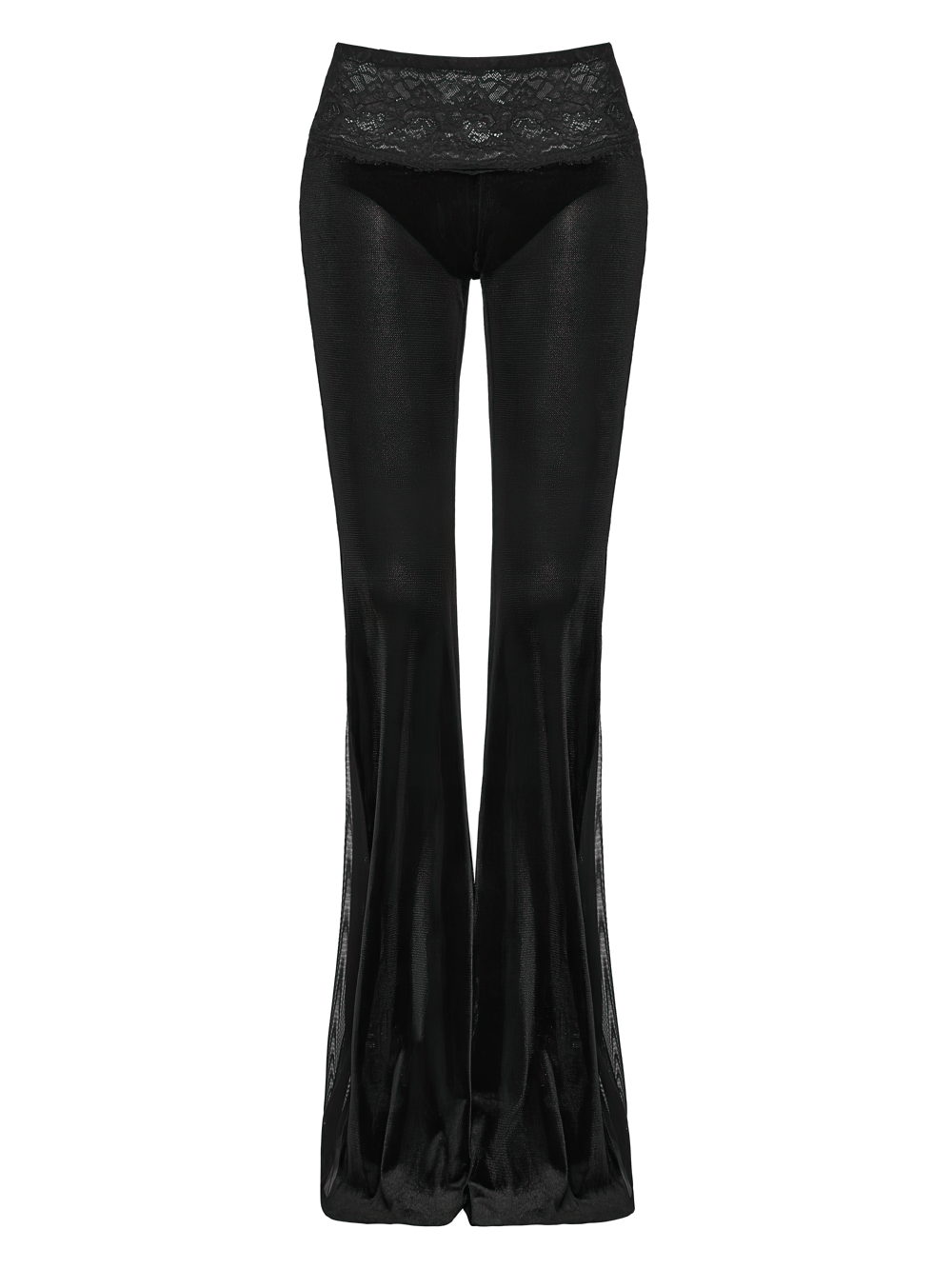 Alt Tag: Black Gothic Low Waist Flared Pants with Lace Waist featuring sheer mesh bell legs and lace waistband, front view
