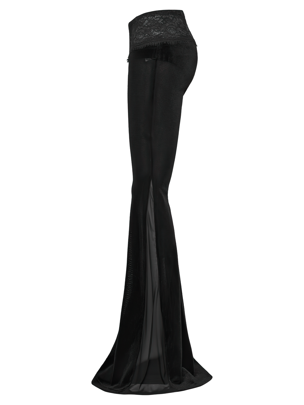 Alt Tag: Black Gothic Low Waist Flared Pants with Lace Waist, sheer mesh side panels and bell-bottom legs in black velvet