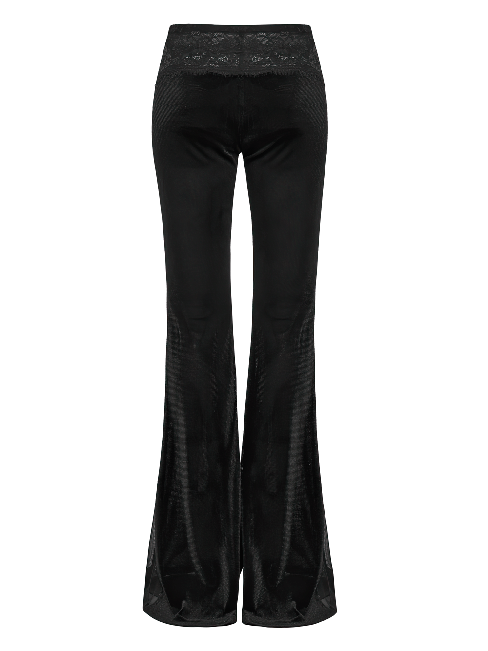 Alt Tag: Black Gothic Low Waist Flared Pants with Lace Waist, black bell-bottom pants with lace waistband and sheer mesh panels