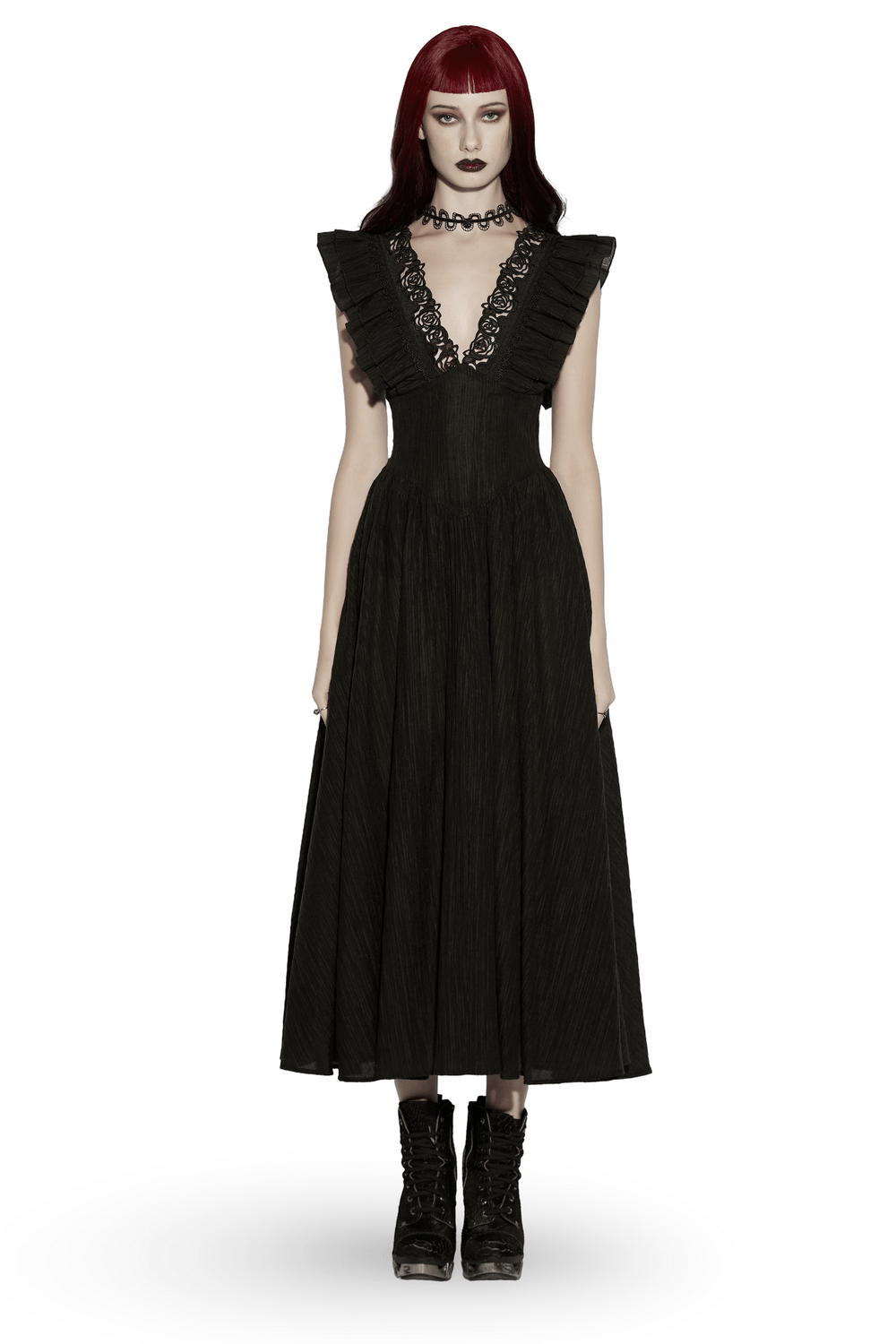 Alt Tag: Black Gothic Maxi Dress with Lace V-Neck and Ruffle Sleeves on model, flowing black skirt, dramatic lace neckline