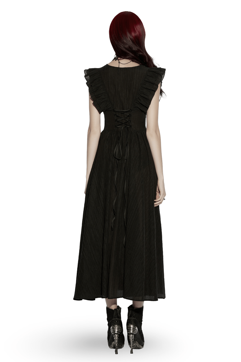 Alt Tag: Black Gothic Maxi Dress with Lace V-Neck and Ruffle Sleeves, back view with ruffle sleeves and lace-up waist, flowing maxi skirt