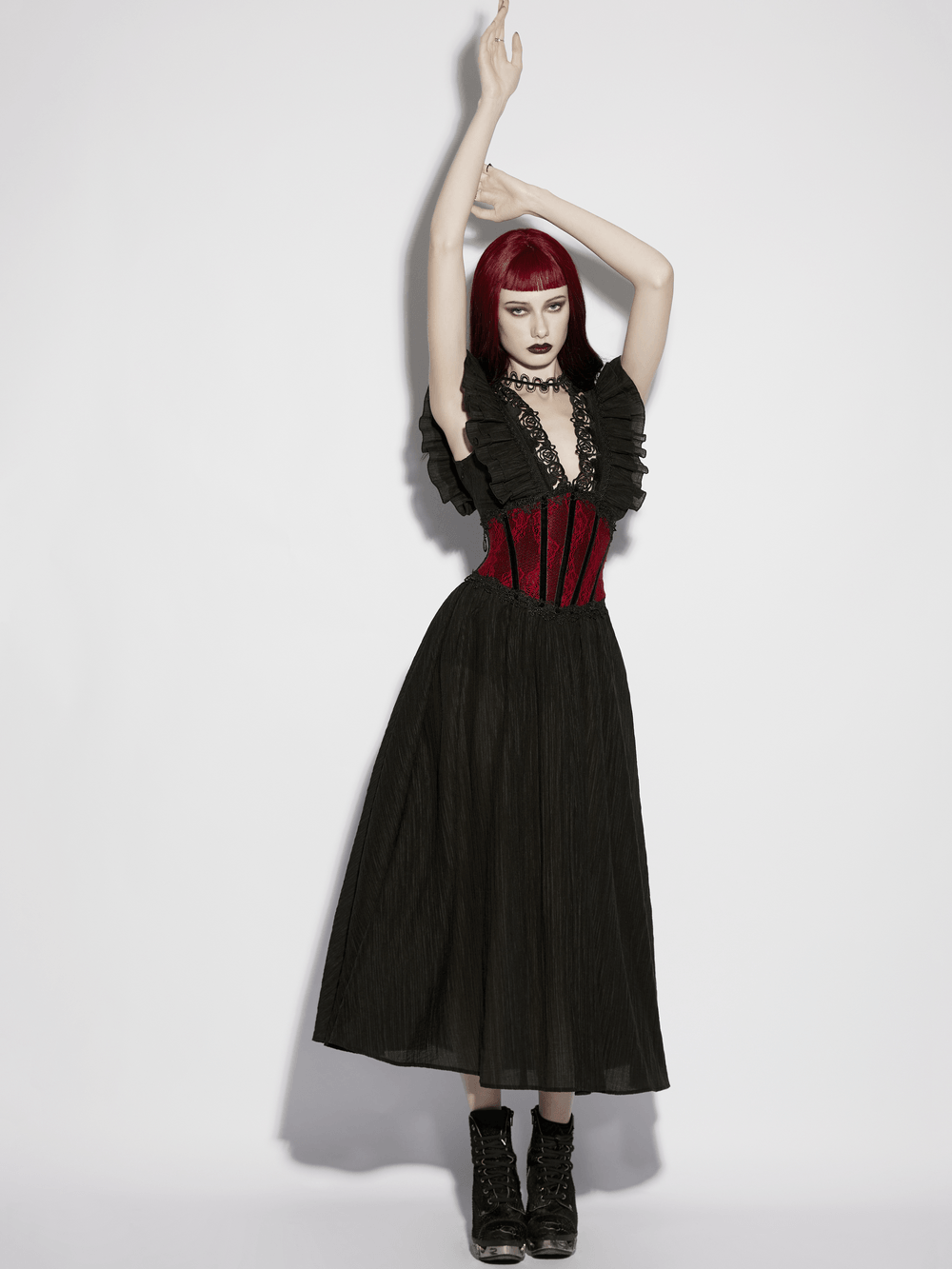 Alt Tag: Black Gothic Maxi Dress with Lace V-Neck and Ruffle Sleeves on model, black lace ruffle sleeves, corset waist, flowing skirt