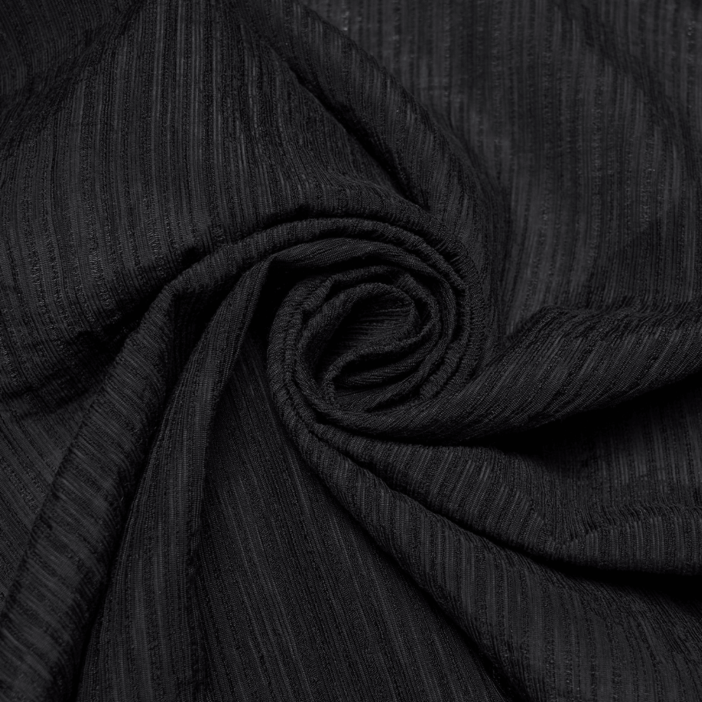Alt Tag: Black Gothic Maxi Dress with Lace V-Neck and Ruffle Sleeves black ribbed fabric close-up swirl texture