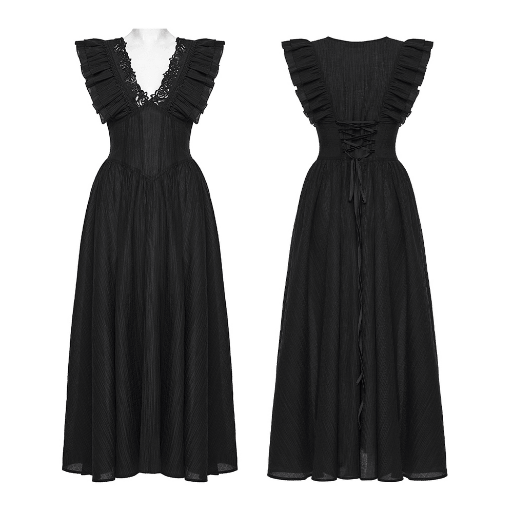 Alt Tag: Black Gothic Maxi Dress with Lace V-Neck and Ruffle Sleeves front and back view, lace trim neckline, ruffle shoulders, corset back