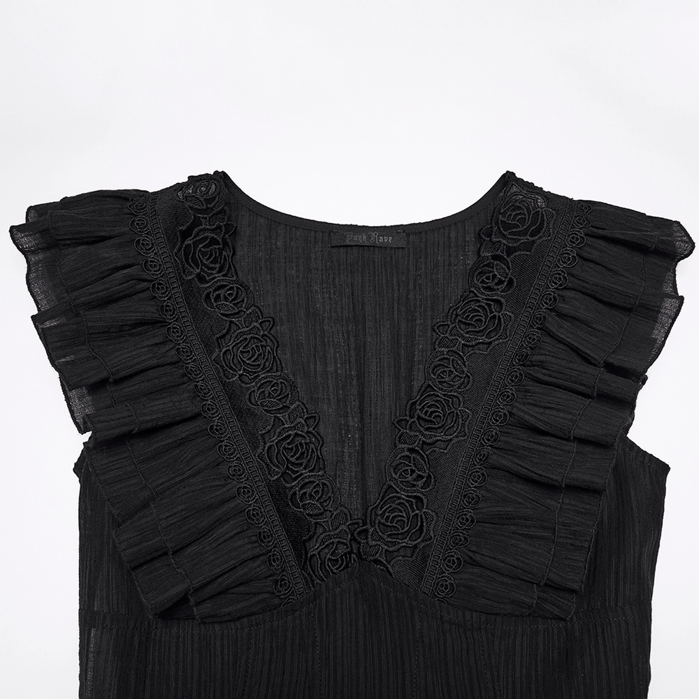 Alt Tag: Black Gothic Maxi Dress with Lace V-Neck and Ruffle Sleeves close-up of lace V-neckline and ruffle sleeves